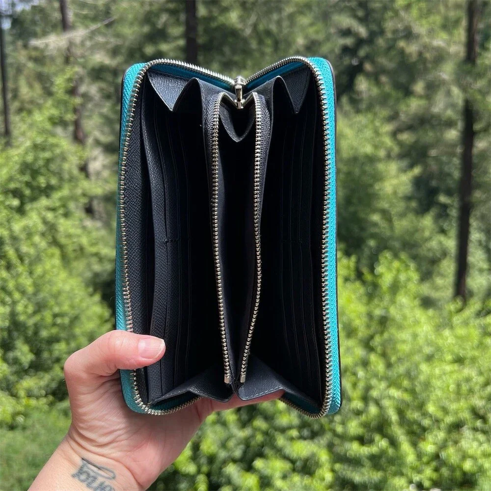 COACH Long Zip-Around Teal Blue Pebble Leather Wallet Silver Hardware AUTHENTIC